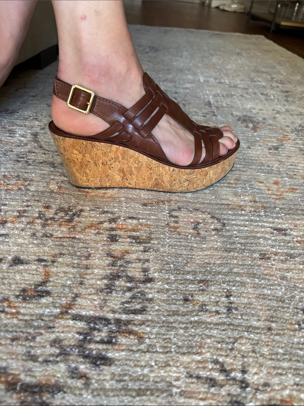 Tory Burch Brown Leather Cork Wedge Sandals - Picture 9 of 9